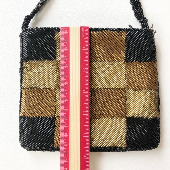 VTG Hand Beaded Shoulder Bag Checkered Gold Black - Picture 11 of 11